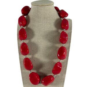 Chunky Pink Fushia Resin Beaded Necklace Silver Tone Spacers Statement 21-24"